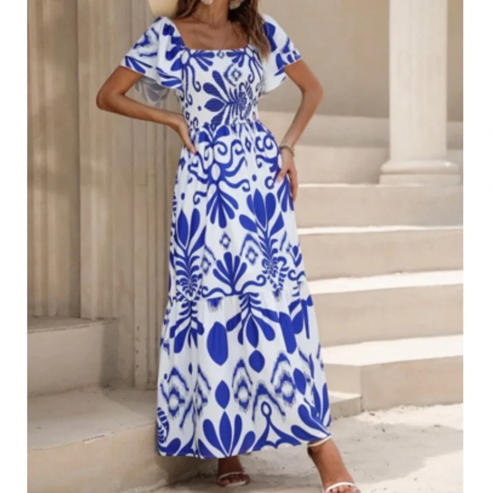 Boho  floral print shirred maxi dress_7